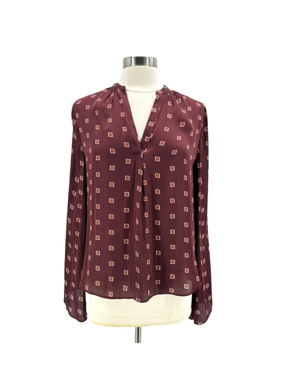 NEW Worthington Womens Medium Top Square Geometric Satin Brown Blouse Career